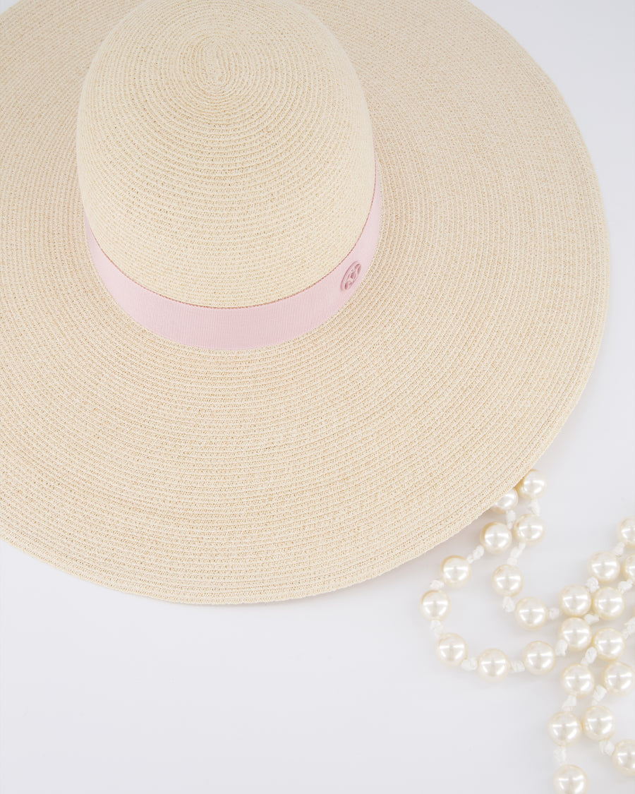 Maison Michel Beige Raffia Hat with Silk Logo Detail and Detachable Pearl String Size M