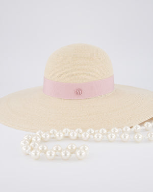 Maison Michel Beige Raffia Hat with Silk Logo Detail and Detachable Pearl String Size M