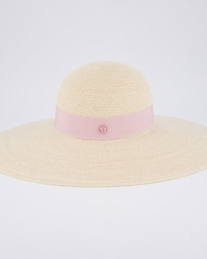 Maison Michel Beige Raffia Hat with Silk Logo Detail and Detachable Pearl String Size M