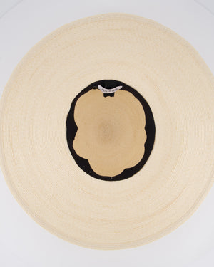 Maison Michel Beige Raffia Hat with Silk Logo Detail and Detachable Pearl String Size M