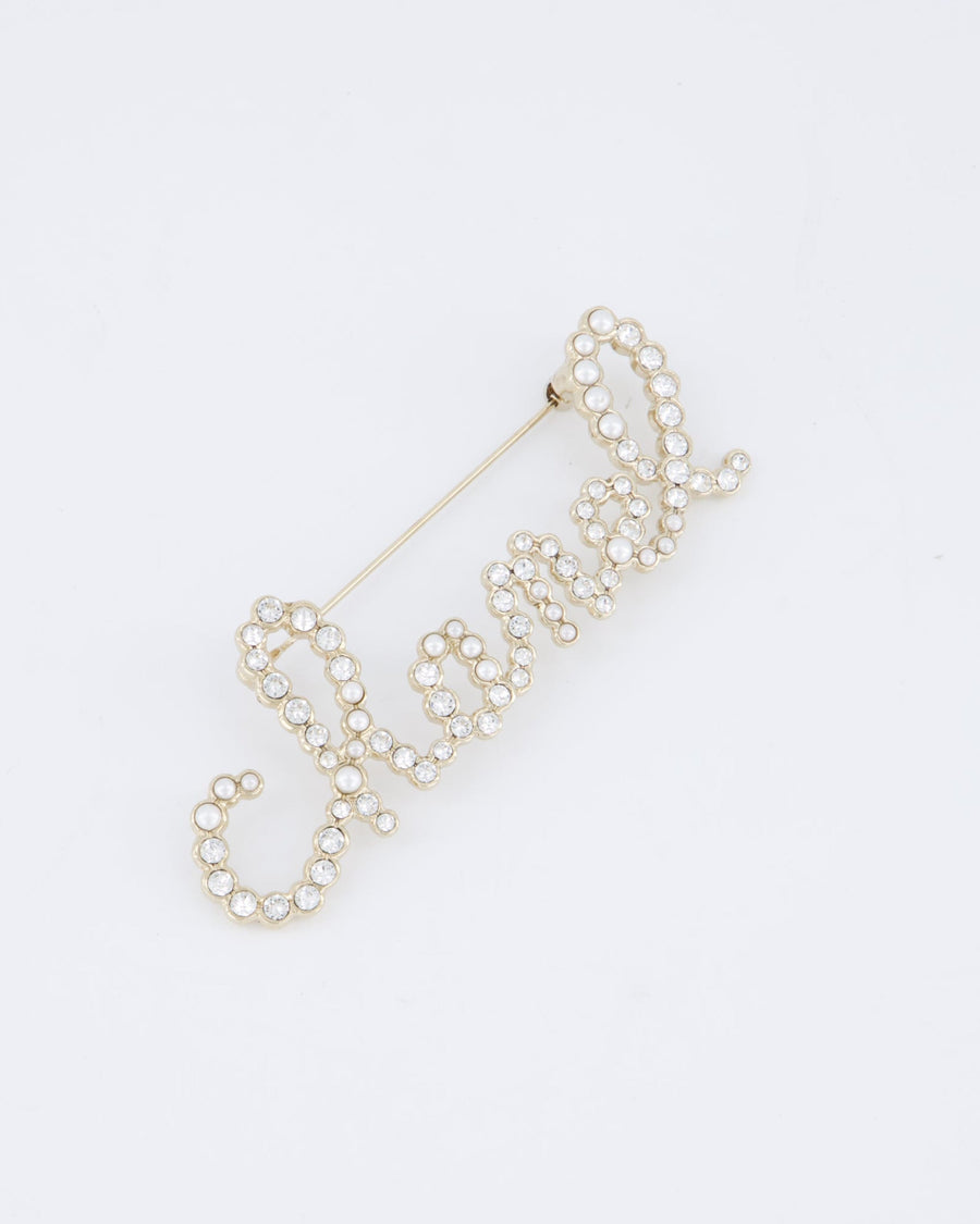 Chanel 19/K Champagne Gold Pearl & Diamante CHANEL Logo Brooch