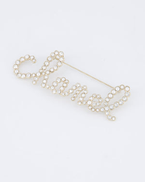 Chanel 19/K Champagne Gold Pearl & Diamante CHANEL Logo Brooch
