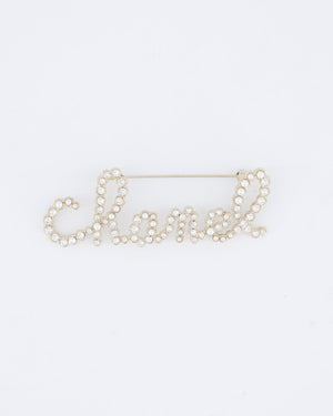 Chanel 19/K Champagne Gold Pearl & Diamante CHANEL Logo Brooch