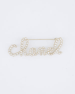 Chanel 19/K Champagne Gold Pearl & Diamante CHANEL Logo Brooch
