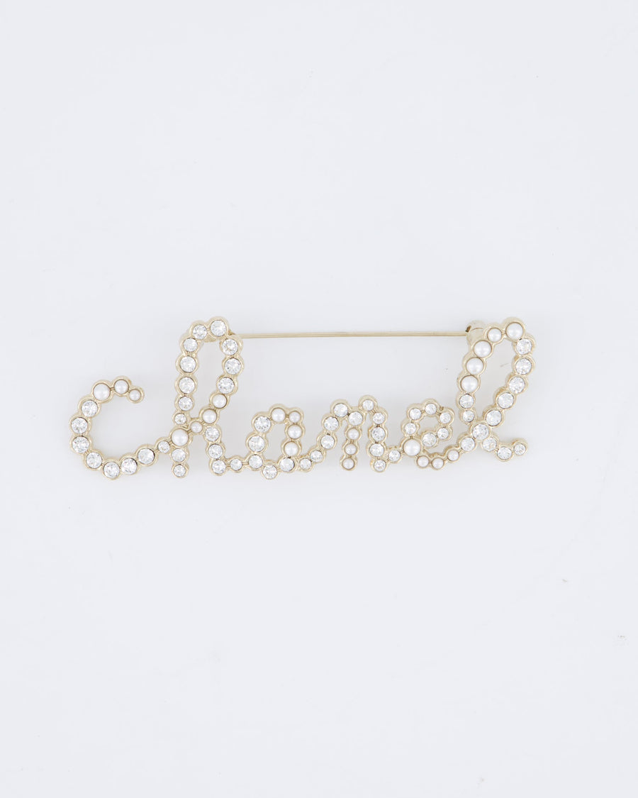 Chanel 19/K Champagne Gold Pearl & Diamante CHANEL Logo Brooch