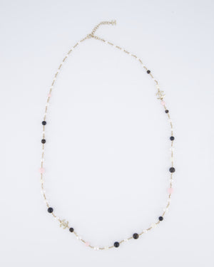 Chanel 25/K Pink, Black & Pearl Champagne Gold CC Drop Necklace