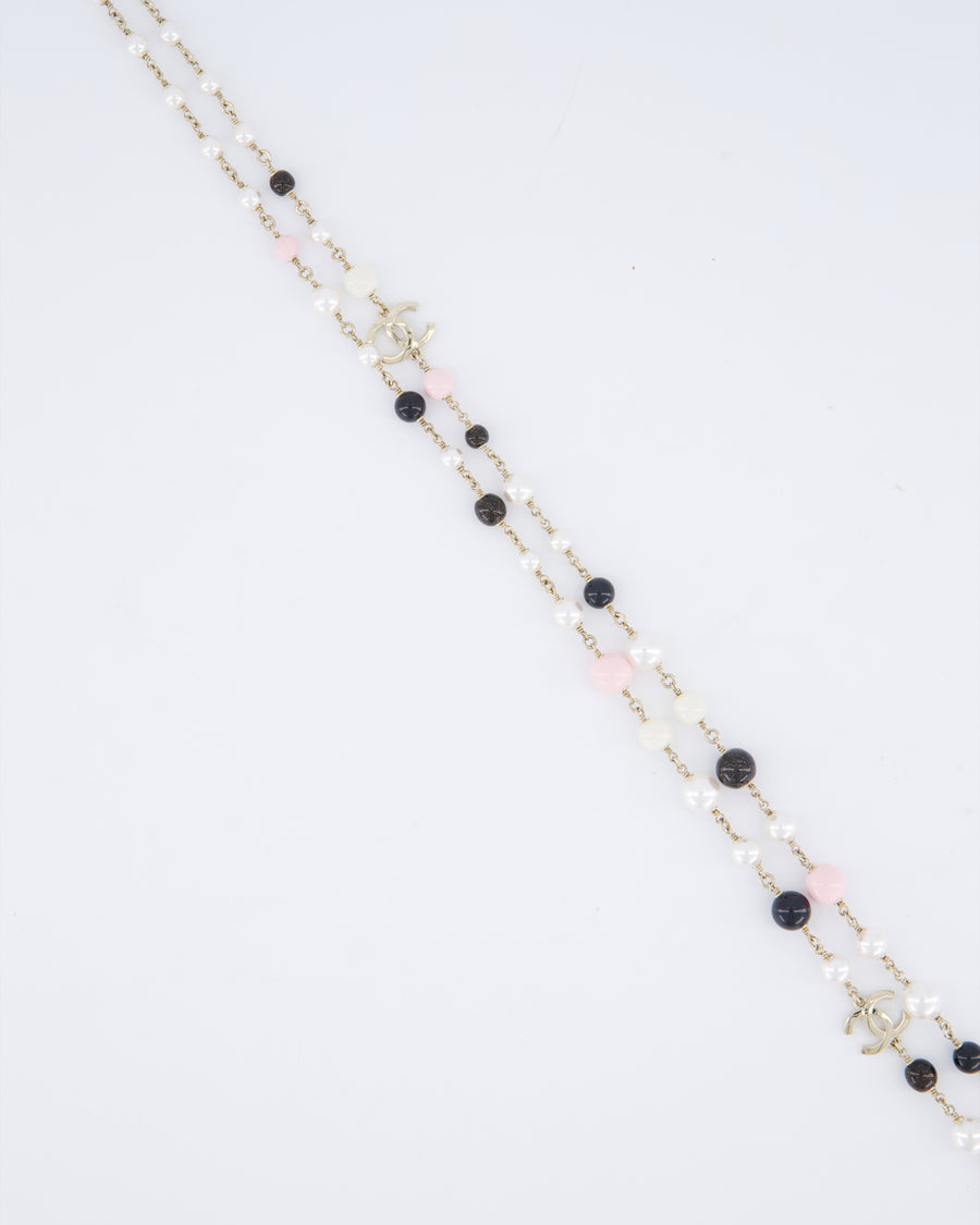 Chanel 25/K Pink, Black & Pearl Champagne Gold CC Drop Necklace