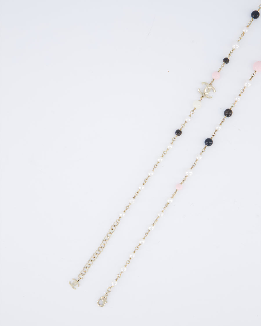 Chanel 25/K Pink, Black & Pearl Champagne Gold CC Drop Necklace