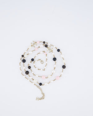 Chanel 25/K Pink, Black & Pearl Champagne Gold CC Drop Necklace