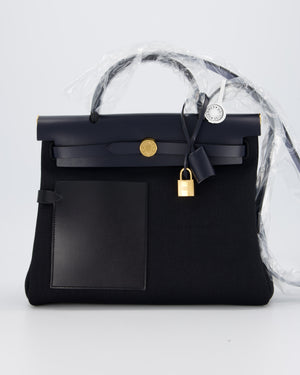 *HOT & RARE* Hermès Herbag 31 Zip Pocket Cargo Bag in Bleu Indigo Toile Militaire Canvas, Noir/Bleu Indigo Vache Hunter Leather with Gold Hardware