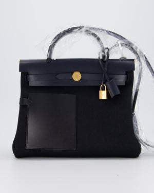 *HOT & RARE* Hermès Herbag 31 Zip Pocket Cargo Bag in Bleu Indigo Toile Militaire Canvas, Noir/Bleu Indigo Vache Hunter Leather with Gold Hardware