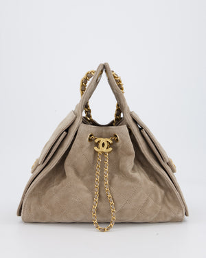*HOT* Chanel 25 Small Handbag in Greige Suede with Gold Hardware