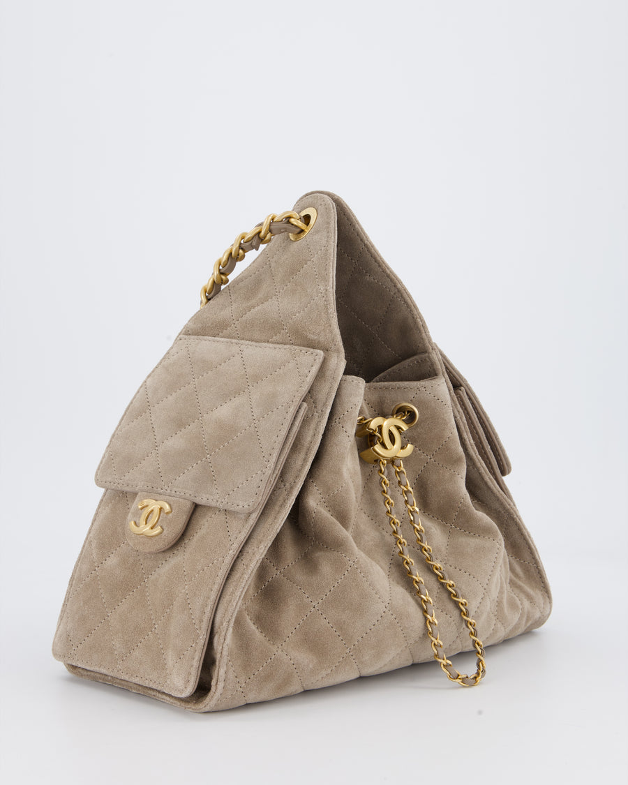 *HOT* Chanel 25 Small Handbag in Greige Suede with Gold Hardware