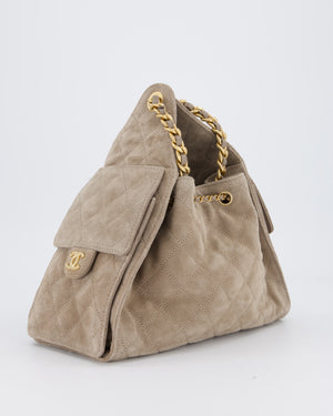 *HOT* Chanel 25 Small Handbag in Greige Suede with Gold Hardware