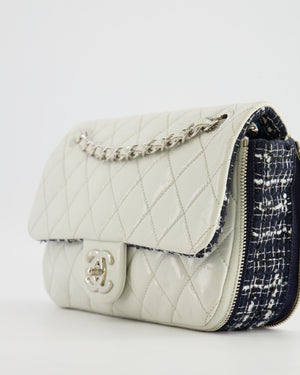 Chanel White Calfskin Leather and Navy Tweed-Trimmed Expandable Flap Bag with Silver Hardware