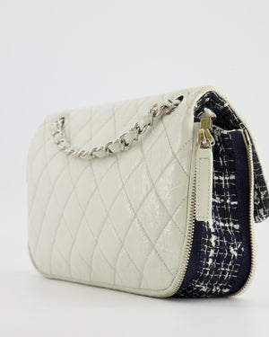 Chanel White Calfskin Leather and Navy Tweed-Trimmed Expandable Flap Bag with Silver Hardware