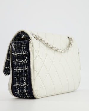 Chanel White Calfskin Leather and Navy Tweed-Trimmed Expandable Flap Bag with Silver Hardware
