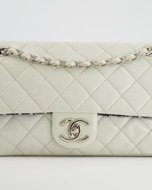 Chanel White Calfskin Leather and Navy Tweed-Trimmed Expandable Flap Bag with Silver Hardware