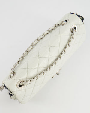Chanel White Calfskin Leather and Navy Tweed-Trimmed Expandable Flap Bag with Silver Hardware