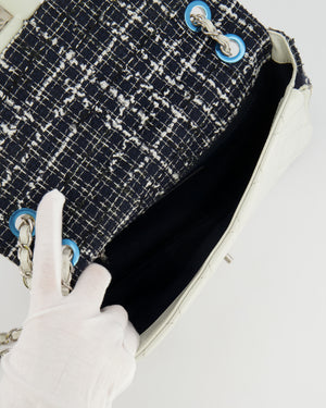 Chanel White Calfskin Leather and Navy Tweed-Trimmed Expandable Flap Bag with Silver Hardware