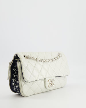 Chanel White Calfskin Leather and Navy Tweed-Trimmed Expandable Flap Bag with Silver Hardware