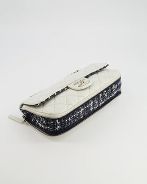 Chanel White Calfskin Leather and Navy Tweed-Trimmed Expandable Flap Bag with Silver Hardware