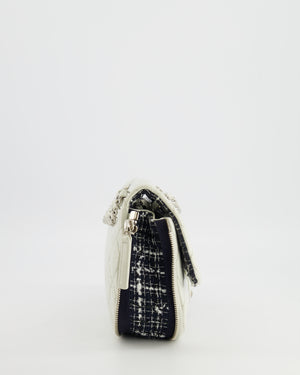 Chanel White Calfskin Leather and Navy Tweed-Trimmed Expandable Flap Bag with Silver Hardware