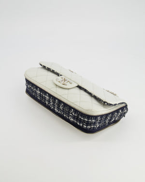 Chanel White Calfskin Leather and Navy Tweed-Trimmed Expandable Flap Bag with Silver Hardware