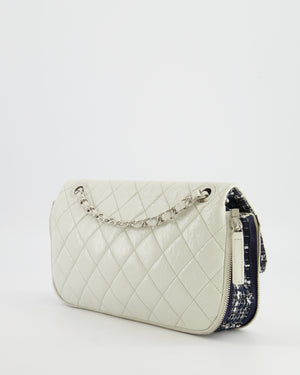 Chanel White Calfskin Leather and Navy Tweed-Trimmed Expandable Flap Bag with Silver Hardware