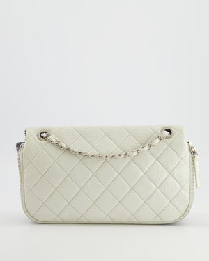 Chanel White Calfskin Leather and Navy Tweed-Trimmed Expandable Flap Bag with Silver Hardware