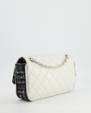 Chanel White Calfskin Leather and Navy Tweed-Trimmed Expandable Flap Bag with Silver Hardware