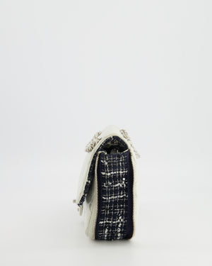 Chanel White Calfskin Leather and Navy Tweed-Trimmed Expandable Flap Bag with Silver Hardware