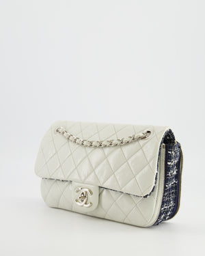 Chanel White Calfskin Leather and Navy Tweed-Trimmed Expandable Flap Bag with Silver Hardware