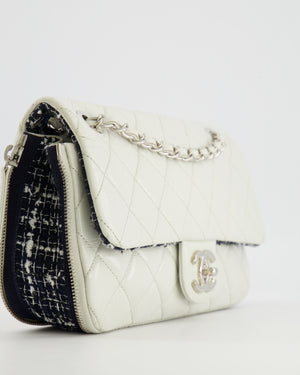 Chanel White Calfskin Leather and Navy Tweed-Trimmed Expandable Flap Bag with Silver Hardware