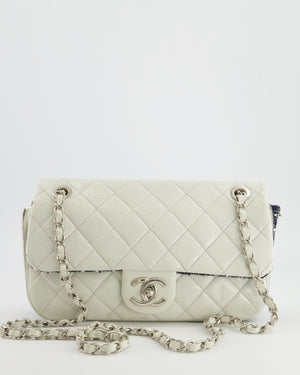 Chanel White Calfskin Leather and Navy Tweed-Trimmed Expandable Flap Bag with Silver Hardware