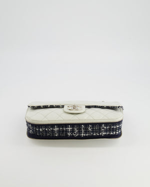 Chanel White Calfskin Leather and Navy Tweed-Trimmed Expandable Flap Bag with Silver Hardware