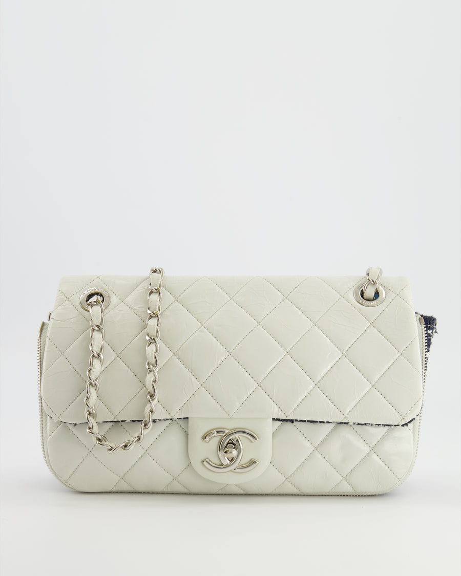 Chanel White Calfskin Leather and Navy Tweed-Trimmed Expandable Flap Bag with Silver Hardware