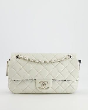 Chanel White Calfskin Leather and Navy Tweed-Trimmed Expandable Flap Bag with Silver Hardware