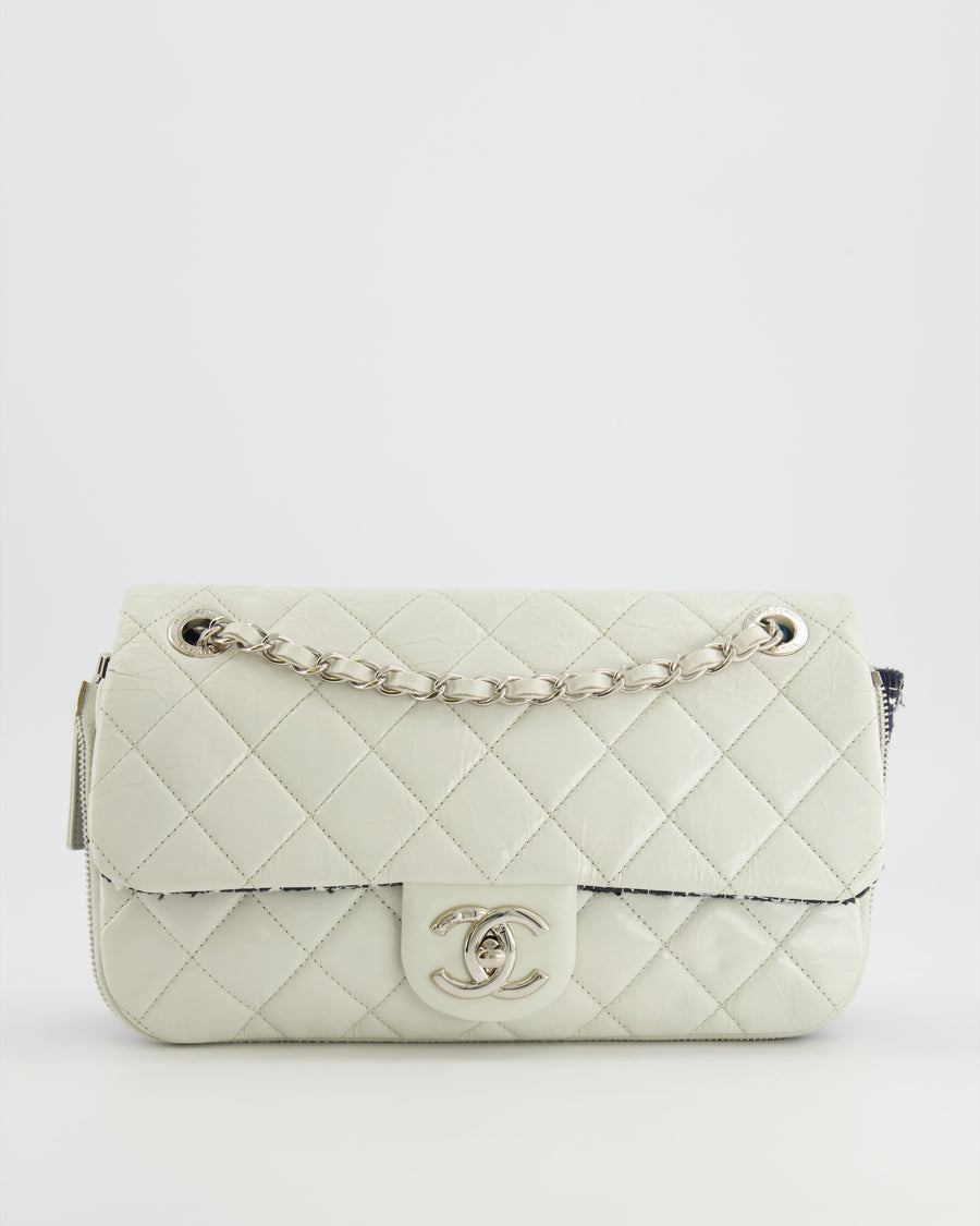 Chanel White Calfskin Leather and Navy Tweed-Trimmed Expandable Flap Bag with Silver Hardware