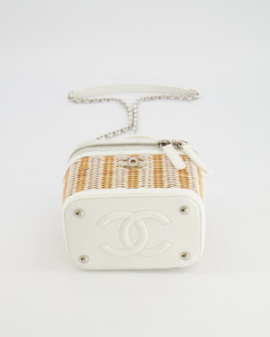 *RARE* Chanel White Small Take Away Vanity Top Handle Bag in White and Beige Wicker with Silver Hardware