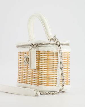 *RARE* Chanel White Small Take Away Vanity Top Handle Bag in White and Beige Wicker with Silver Hardware