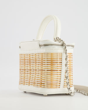 *RARE* Chanel White Small Take Away Vanity Top Handle Bag in White and Beige Wicker with Silver Hardware