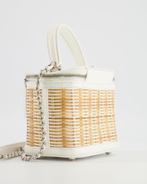*RARE* Chanel White Small Take Away Vanity Top Handle Bag in White and Beige Wicker with Silver Hardware