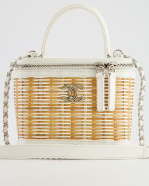 *RARE* Chanel White Small Take Away Vanity Top Handle Bag in White and Beige Wicker with Silver Hardware