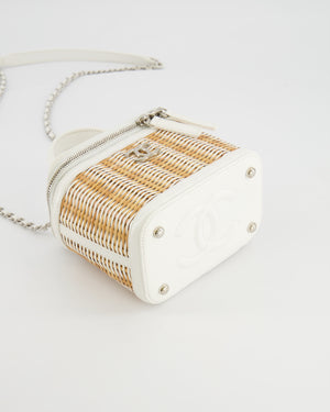 *RARE* Chanel White Small Take Away Vanity Top Handle Bag in White and Beige Wicker with Silver Hardware