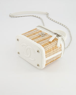 *RARE* Chanel White Small Take Away Vanity Top Handle Bag in White and Beige Wicker with Silver Hardware