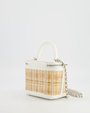 *RARE* Chanel White Small Take Away Vanity Top Handle Bag in White and Beige Wicker with Silver Hardware