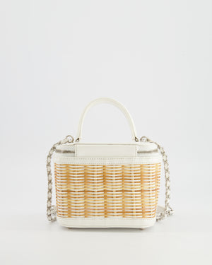 *RARE* Chanel White Small Take Away Vanity Top Handle Bag in White and Beige Wicker with Silver Hardware