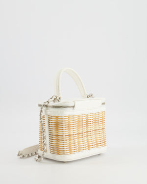 *RARE* Chanel White Small Take Away Vanity Top Handle Bag in White and Beige Wicker with Silver Hardware