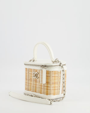 *RARE* Chanel White Small Take Away Vanity Top Handle Bag in White and Beige Wicker with Silver Hardware